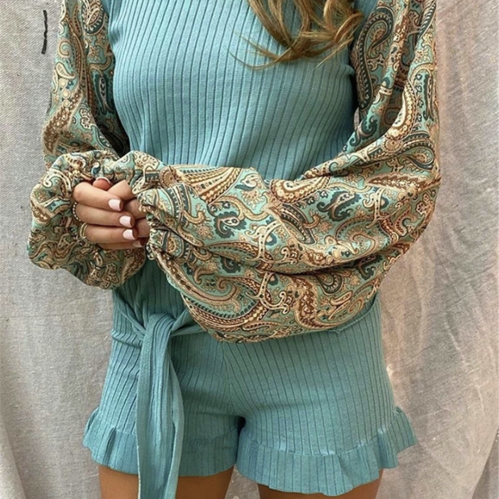 NWT Fall Boho Print Knitted Long Sleeve Ribbed Short Set S:S-M - Picture 3 of 9